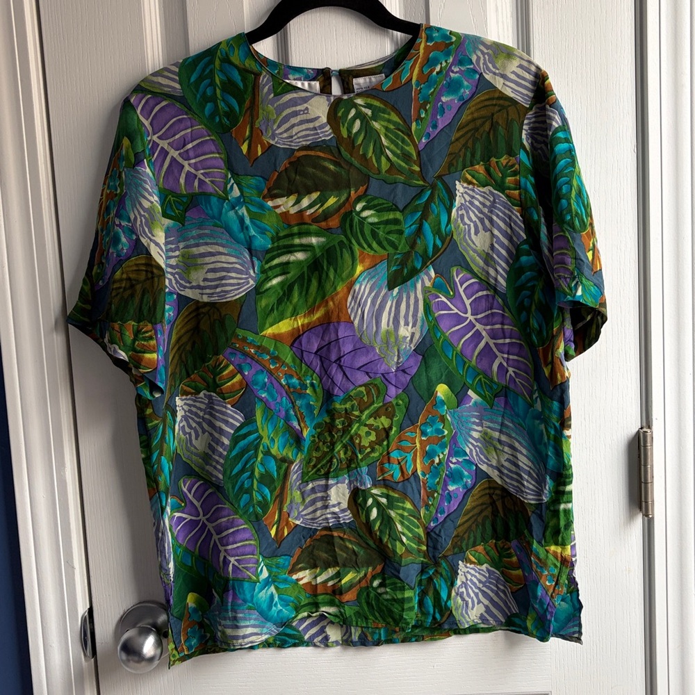 GALINDA Women's S Multicolor Silk Tropical Leaf Print T-Shirt Summer Vacation